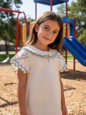 Girls' Cream Scalloped Collar Top with Blue Trim 100% French Cotton Preppy